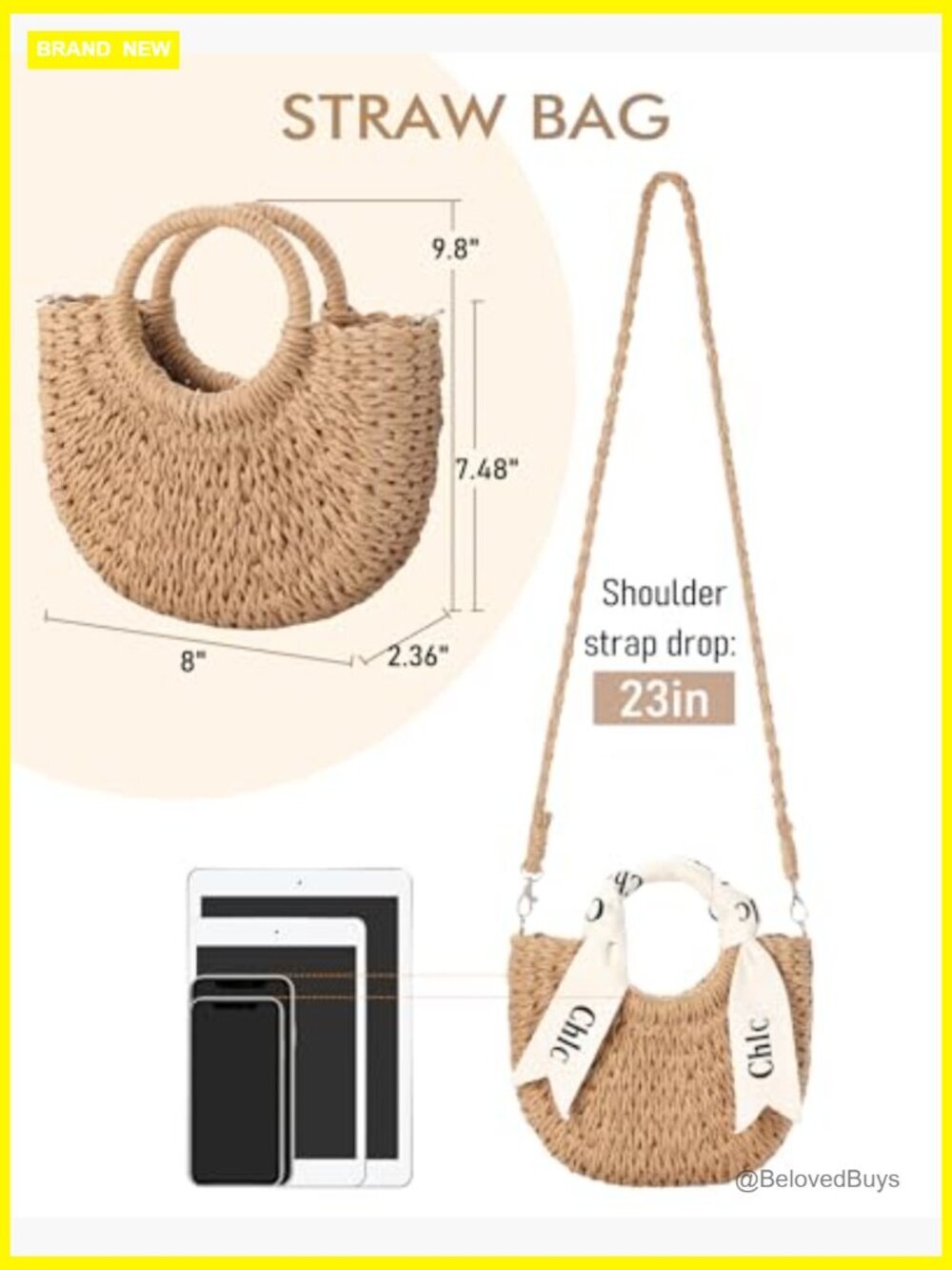 Woven Straw Crossbody Bag - Beach Purse with Ribbon & Drawstring - Picture 6 of 7